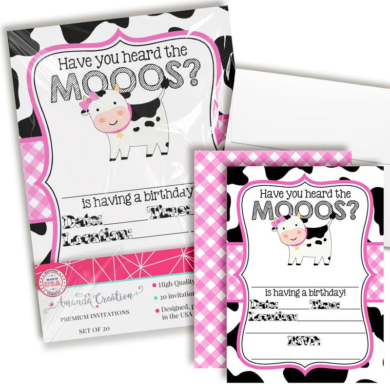 Amanda Creation Heard the Moos Pink Cow-Themed Birthday Party Invitations for Kids, 20 5x7 Fill In Cards with Twenty White Envelopes by AmandaCreation - Image 1